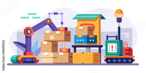 Isometric cute illustration of a automated forklift moving cardboards for logistic and delivery