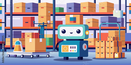 Cute cartoon vector of a warehouse with autonomous mobile robot operating lift the cardboards