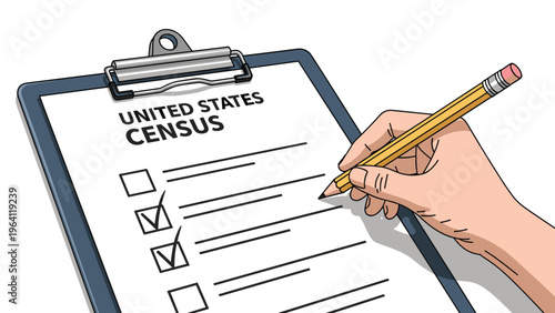 Person uses a pencil to fill out the official united states census form on a clipboard for demographic data collection.