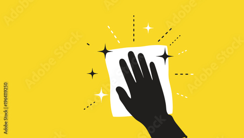 Silhouette of a hand wiping a surface with a clean cloth creating bright sparkles on a vibrant yellow background for hygiene.