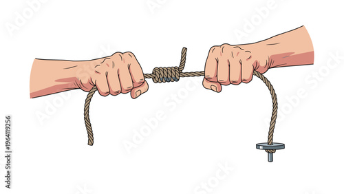 Two hands pull on opposite ends of a thick rope with a tight knot in the middle representing conflict or teamwork.