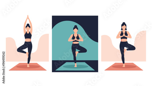 Graphic illustration showing three variations of a woman practicing the yoga tree pose on a mat for fitness and balance.
