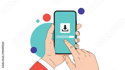Hands holding a modern smartphone displaying a progress bar during a mobile application download against a colorful background.