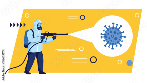 Specialist in a white hazmat suit using a high pressure sprayer to eliminate a large blue virus particle on a yellow backdrop.