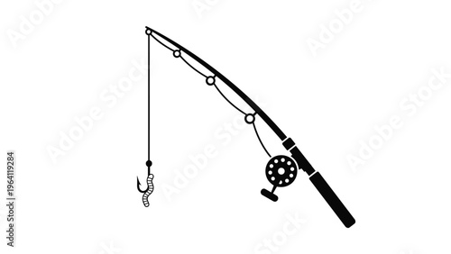 Simple illustration of a fishing rod with a reel and a line dangling a hook with a live worm bait on a white background.