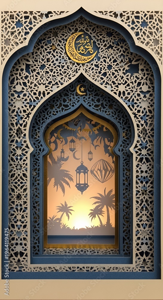 Fototapeta premium Islamic Arch Window with Moon and Palm Trees.