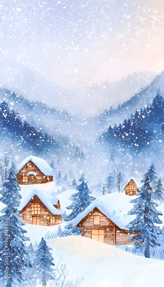 Fototapeta premium Snowy Mountain Cabins Watercolor Illustration Serene Winter Landscape Cozy Home Glow Warm Light Detail