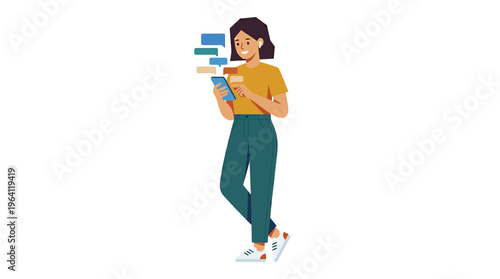 Young Woman Texting on Smartphone with Chat Bubbles.