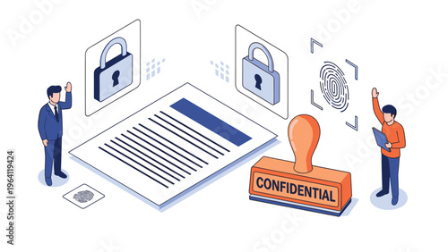 Isometric view of a confidential document protected by locks and fingerprint scanners with an official rubber stamp.