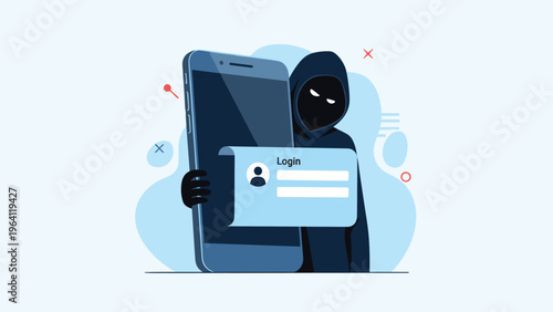 Shadowy hacker figure standing behind a smartphone screen showing a login prompt to represent data theft and cybercrime.