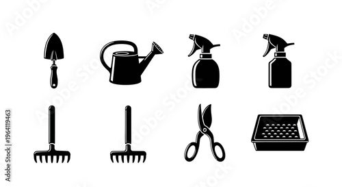 Gardening Tools Icon Set: Trowel, Watering Can, Sprayers, Rake, Scissors, Tray