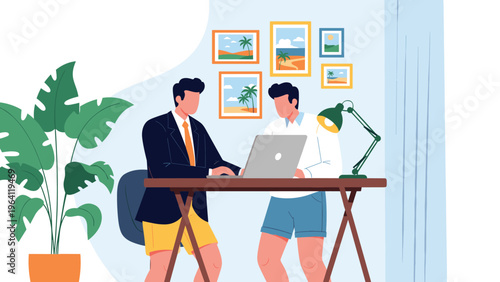 Two men working together on a laptop in an office wearing formal shirts and casual shorts to represent remote work life.