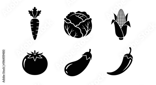 Set of Black and White Vegetable Icons: Carrot, Cabbage, Corn, Tomato, Eggplant, Chili Pepper