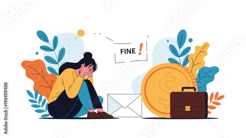 Depressed woman sitting on the floor with her head in her hands next to a giant gold coin and an envelope marked fine.