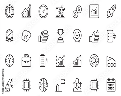 Modern business outline icons for success planning and financial growth concepts