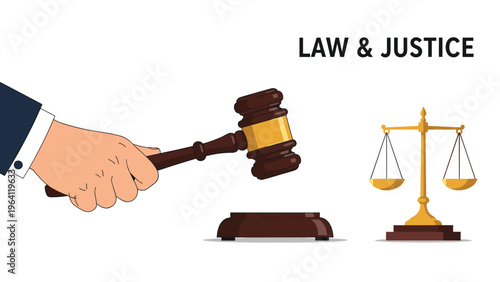 Wooden gavel being held by a hand next to a balance scale and the text law and justice representing a legal system.
