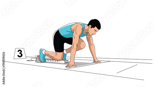 Male athlete in the starting blocks of a running track preparing to begin a race for competitive sports and fitness.