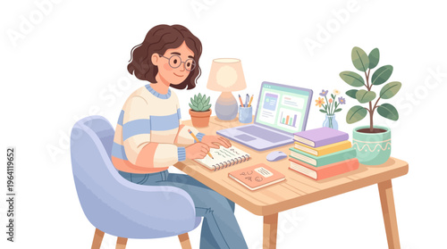 Young woman working diligently at her desk.
