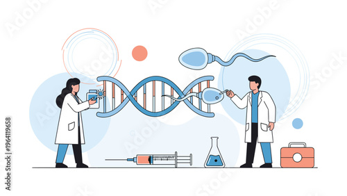 Scientists in a lab working with genetic material and sperm cells to illustrate artificial insemination and research.