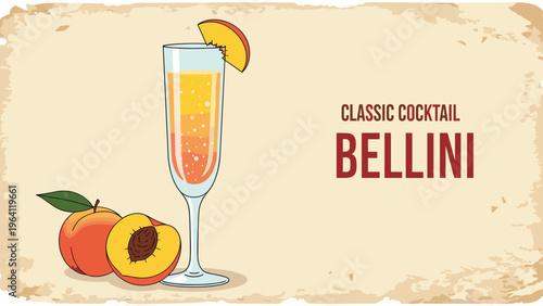 Vintage style poster for a classic bellini cocktail featuring fresh peaches and a tall flute glass with a garnish.