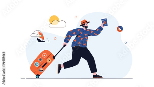 Excited traveler in a colorful shirt running with an orange suitcase and holding a passport, ready for his next vacation.