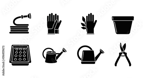Gardening Tools Icons Set: Hose, Gloves, Pot, Watering Can, Secateurs, Seed Tray