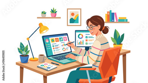 Young woman working diligently on her laptop at a desk.