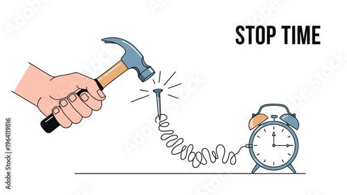 Close up of a hand using a hammer to drive a nail into a spring connecting to an alarm clock with the text stop time.