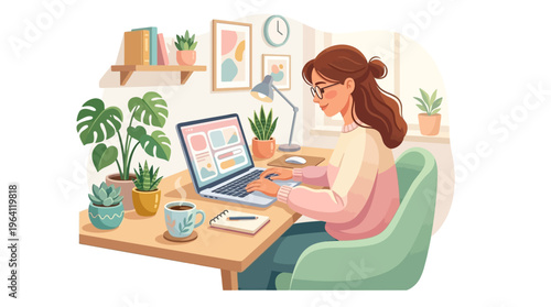 Young woman working diligently on her laptop at a desk.