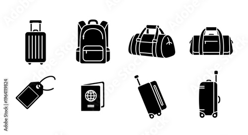 Travel Luggage and Accessories Icons: Suitcases, Backpack, Duffle Bag, Passport, Tag