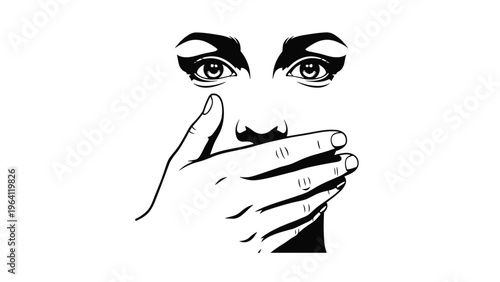 High contrast black and white illustration of a woman eyes and face with her hand covering her mouth in silence.