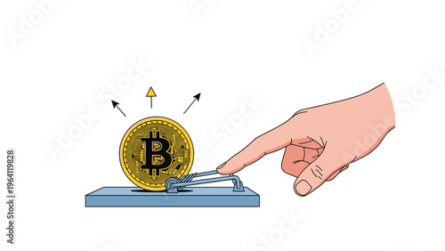 Human finger pointing toward a gold bitcoin placed as bait on a blue mousetrap, warning about investment traps.