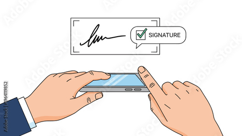 Businessman signing a document on a smartphone screen with his finger, next to a signature confirmation icon.