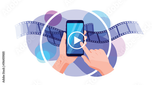 Hand holding a smartphone with a play icon on the screen and a film strip moving in the colorful background.