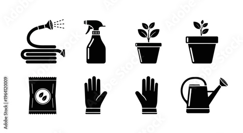 Gardening Tools and Supplies Icons Set: Hose, Sprayer, Pots, Seeds, Gloves, Watering Can