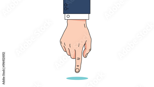 Businessman hand pointing index finger down to a blue circular shadow or spotlight representing a specific point or selection on white.