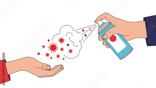 Hand using disinfectant spray to kill coronavirus bacteria and germs on skin for hygiene and disease prevention during pandemic.