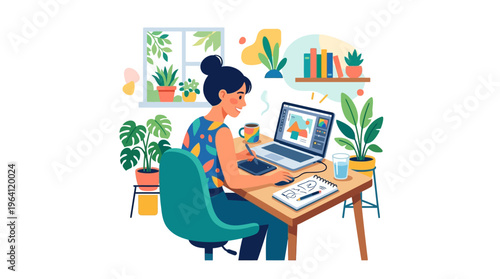 Young woman working on laptop at desk surrounded by plants.