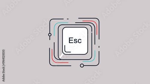 Stylized illustration of computer keyboard escape key surrounded by colorful geometric lines and abstract shapes on a gray background.