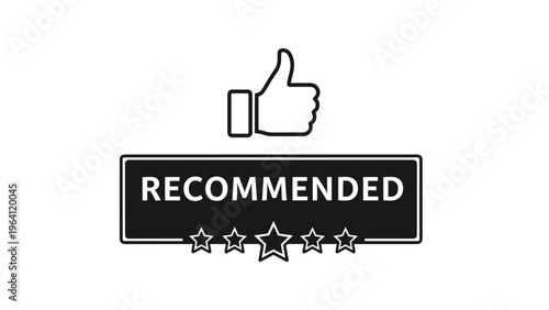 Quality recommendation sign with black thumbs up icon and five stars rating symbol on a white background for business feedback or reviews.