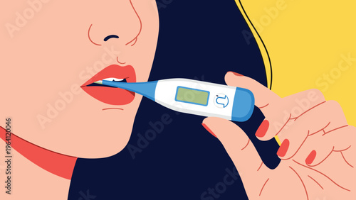 Close up of a woman using a digital oral thermometer to check her body temperature for fever symptoms during an illness or flu.