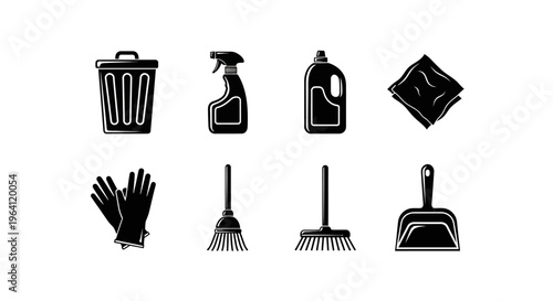 Cleaning supplies icons set: trash can, spray bottle, detergent, cloth, gloves, broom, dustpan