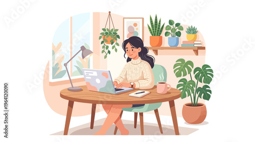 Young woman working on laptop at home office desk.