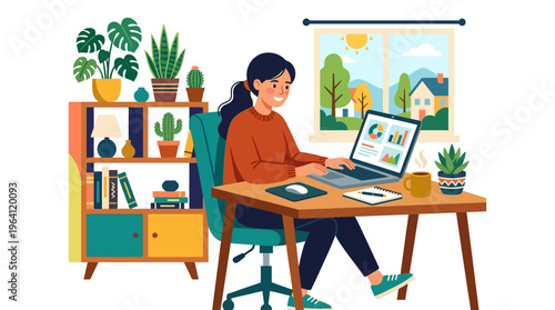 Young woman working on laptop at home office desk.