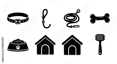 Dog Pet Accessories Icons Set: Collar, Leash, Bone, Food Bowl, Dog House, Brush
