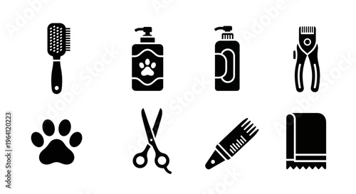Grooming Tools Icons Set: Pet Care, Dog Grooming, Cat Grooming, Animal Hygiene, Pet Supplies