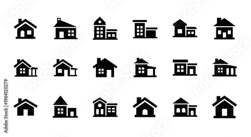 Collection of Diverse House Icons: Real Estate, Home Ownership, and Property Symbols