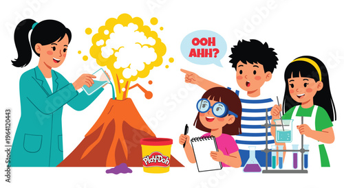 Engaging classroom scene where an enthusiastic teacher demonstrates a volcano science experiment to excited children, fostering curiosity and learning.