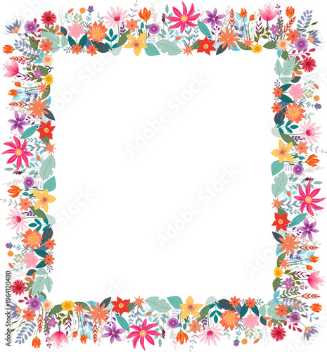 A floral flower border frame made up of wildflowers. Folk art wild flowers style.