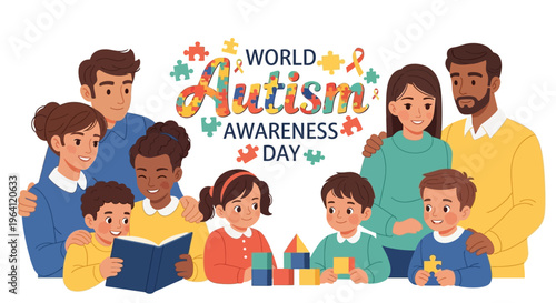 Illustration of diverse group of people supporting World Autism Awareness Day with colorful design elements and puzzle pieces.